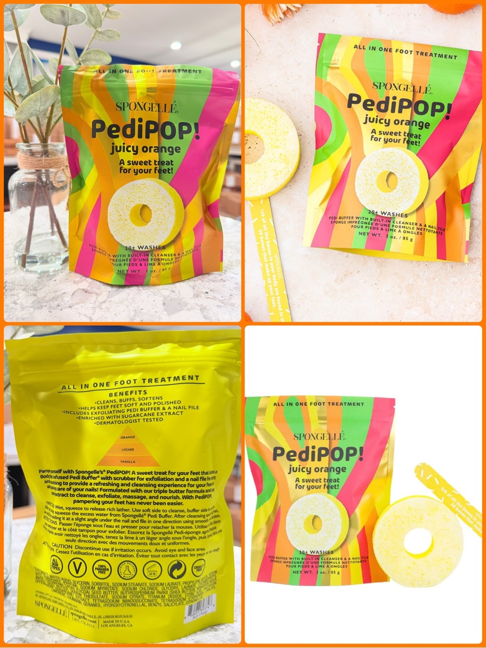 Spongelle PediPOP Juicy Orange Pedi-Buffer With Built-In Cleanser & Nail File